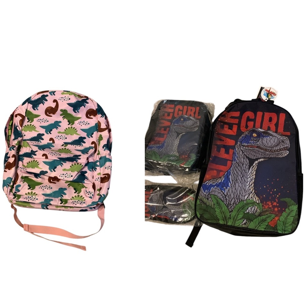 NWT 2 Giddy Kat Dinosaur Backpacks Black Clever Girl 3 Piece & Pink/green